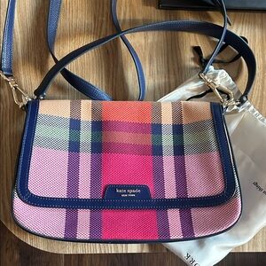 kate spade Pink Multicolor Plaid Canvas Crossbody with Black Trim